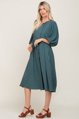 Emerald Green Front Tie Keyhole 3/4 Sleeve Midi Dress