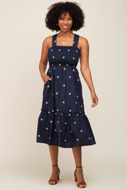 Navy Blue Sleeveless Floral Embroidered Midi Dress