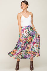 Fuchsia Floral Pleated Maternity Midi Skirt