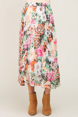 Orange Floral Pleated Maternity Midi Skirt