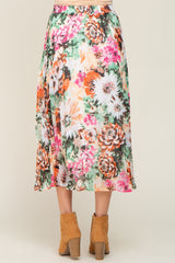 Orange Floral Pleated Maternity Midi Skirt