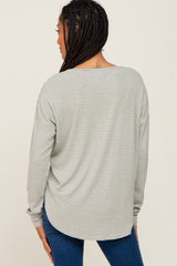 Light Olive Striped Knit Long Sleeve Curved Hem Top