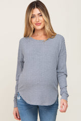 Navy Striped Knit Long Sleeve Curved Hem Maternity Top