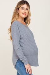 Navy Striped Knit Long Sleeve Curved Hem Maternity Top