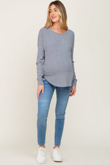 Navy Striped Knit Long Sleeve Curved Hem Maternity Top