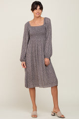 Grey Printed Smocked Long Sleeve Maternity Dress