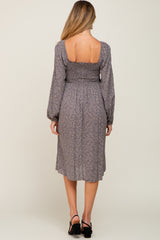 Grey Printed Smocked Long Sleeve Maternity Dress