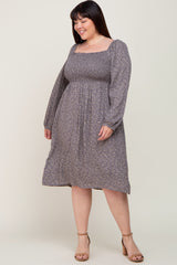 Grey Floral Square Neck Smocked Plus Midi Dress