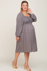 Grey Floral Square Neck Smocked Maternity Plus Midi Dress