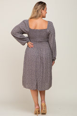 Grey Floral Square Neck Smocked Maternity Plus Midi Dress