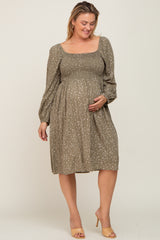 Olive Printed Long Sleeve Plus Maternity Midi Dress