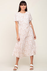 Ivory Floral Pleated Midi Dress