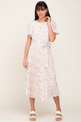 Ivory Floral Pleated Midi Dress