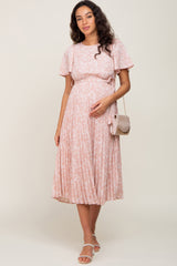 Light Pink Floral Pleated Maternity Midi Dress