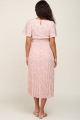 Light Pink Floral Pleated Maternity Midi Dress