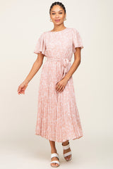 Light Pink Floral Pleated Midi Dress