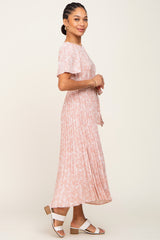 Light Pink Floral Pleated Midi Dress