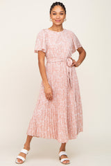 Light Pink Floral Pleated Midi Dress