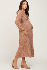 Mocha Floral Front Twist Maternity Midi Dress