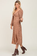 Mocha Floral Front Twist Midi Dress