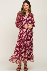 Burgundy Floral Button Down Chiffon Maternity Midi Dress