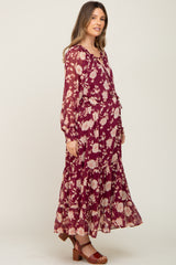 Burgundy Floral Button Down Chiffon Maternity Midi Dress