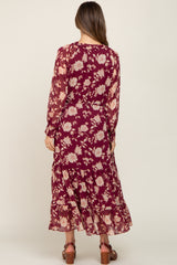 Burgundy Floral Button Down Chiffon Maternity Midi Dress