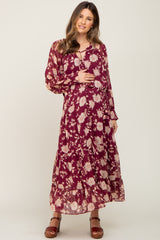 Burgundy Floral Button Down Chiffon Maternity Midi Dress