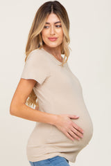 Beige Basic Crew Neck Maternity Tee