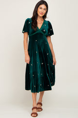 Emerald Green Velvet Embroidered Midi Dress