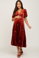 Rust Velvet Embroidered Maternity Midi Dress