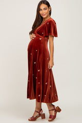 Rust Velvet Embroidered Maternity Midi Dress