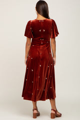 Rust Velvet Embroidered Maternity Midi Dress