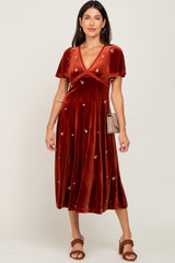 Rust Velvet Embroidered Maternity Midi Dress