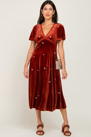 Rust Velvet Embroidered Midi Dress