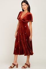 Rust Velvet Embroidered Midi Dress