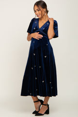 Navy Velvet Embroidered Maternity Midi Dress