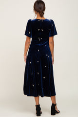 Navy Velvet Embroidered Maternity Midi Dress