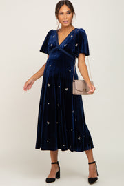 Navy Velvet Embroidered Maternity Midi Dress