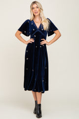 Navy Velvet Embroidered Maternity Midi Dress