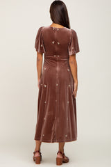 Mocha Velvet Embroidered Maternity Midi Dress