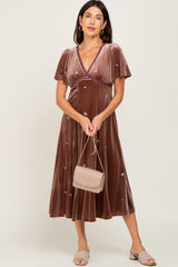 Mocha Velvet Embroidered Maternity Midi Dress