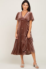 Mocha Velvet Embroidered Midi Dress