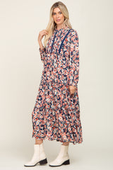 Navy Floral Pleated Front Button Maxi Dress