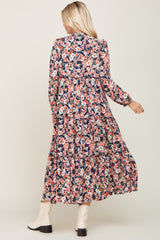 Navy Floral Pleated Front Button Maxi Dress