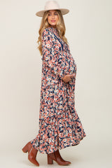 Navy Floral Pleated Front Button Maternity Maxi Dress