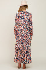 Navy Floral Pleated Front Button Maternity Maxi Dress