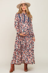 Navy Floral Pleated Front Button Maternity Maxi Dress