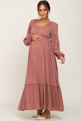 Mauve Lace Trim Smocked Waist Maternity Maxi Dress