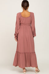 Mauve Lace Trim Smocked Waist Maternity Maxi Dress